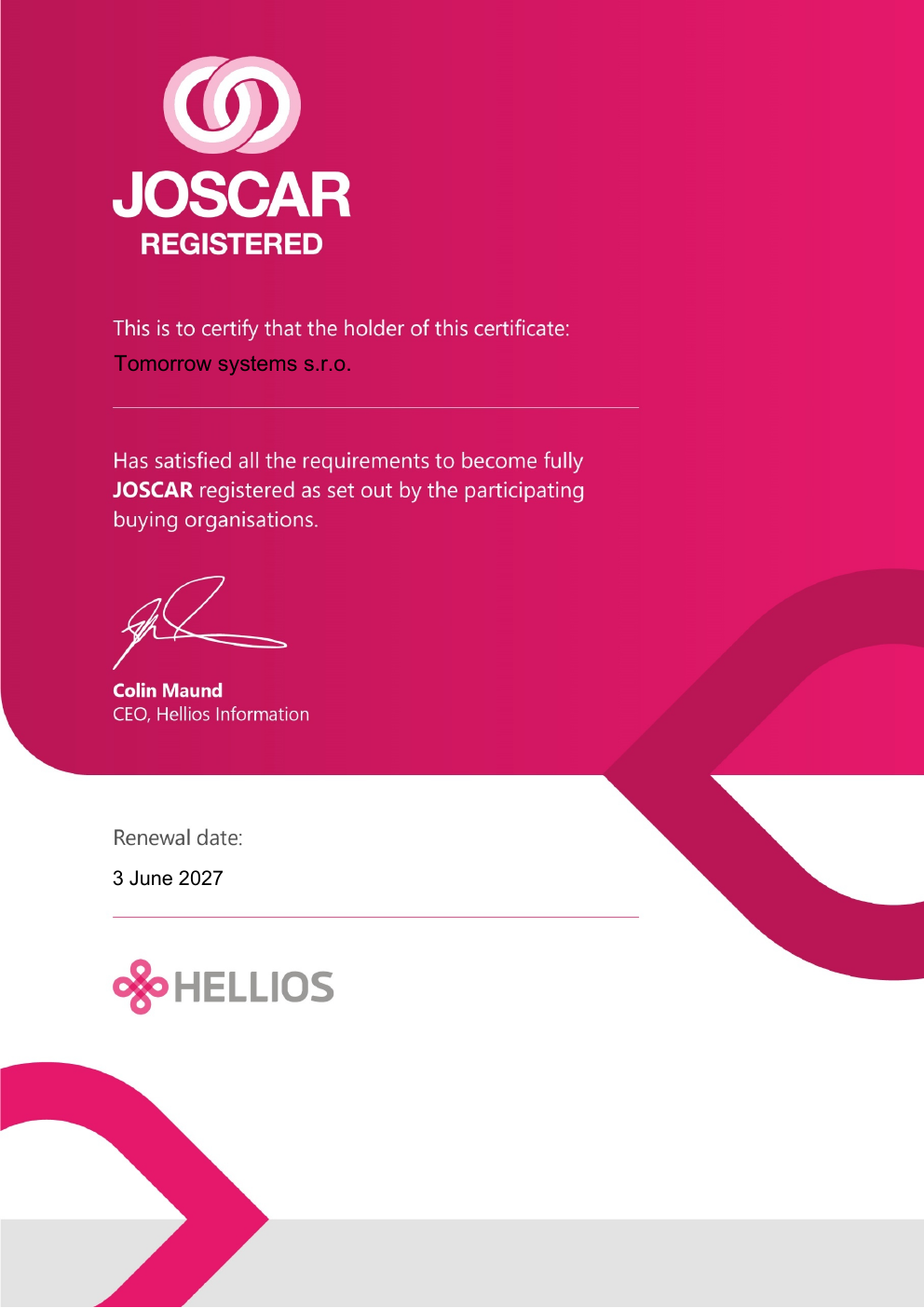 JOSCAR registered supplier certificate