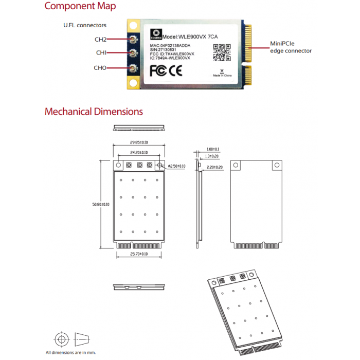 COMPEX QCA9890 WLE900VX i Temp 7CA Industrial grade 85C 3*3 802.11ac Dual band Radio miniPCIe module - Image 2