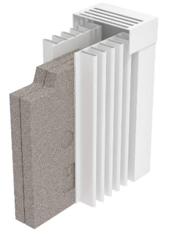 Section detail of the finned cabinet and fireclay heat-storage elements