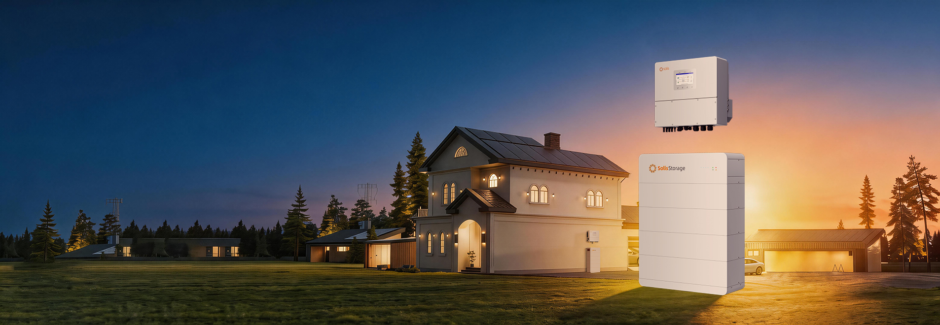 Vysokonapěťový bateriový systém Solis FlexHome-H a hybridní střídač u domu s FVE; prodává se jeden modul 5 kWh