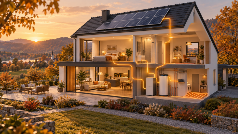 Ilustrační koncept společného řízení energie v domě, vytvořený pomocí AI.